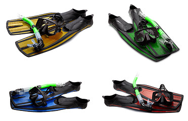 Image showing Set of multicolor swim fins, mask and snorkel for diving