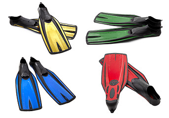 Image showing Set of multicolor swim fins for diving on white background