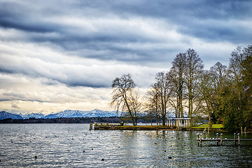 Image showing Lake at sunset with landing stage