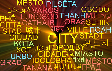 Image showing City multilanguage wordcloud background concept glowing