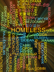Image showing Homeless multilanguage wordcloud background concept glowing