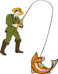 Image showing Fly Fisherman Catching Trout Fish Cartoon