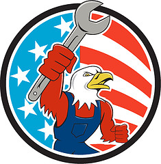 Image showing American Bald Eagle Mechanic Spanner Circle USA Flag Cartoon 