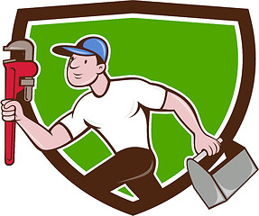 Image showing Plumber Running Toolbox Wrench Crest Cartoon