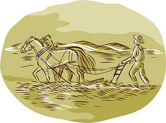 Image showing Farmer and Horses Plowing Field Oval Etching