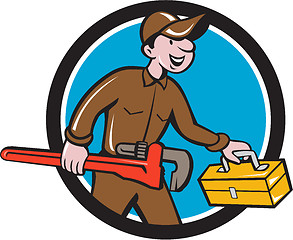 Image showing Plumber Carrying Monkey Wrench Toolbox Circle 