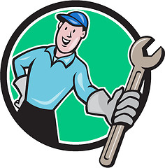 Image showing Mechanic Presenting Wrench Circle Cartoon