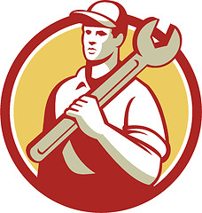Image showing Mechanic Worker Holding Spanner Circle Retro