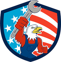 Image showing American Bald Eagle Mechanic Spanner USA Flag Shield Cartoon 