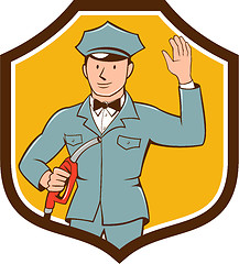 Image showing Gas Jockey Attendant Waving Shield Cartoon