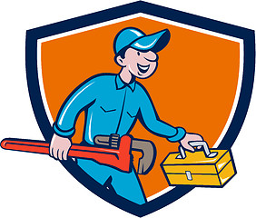 Image showing Plumber Carrying Monkey Wrench Toolbox Shield