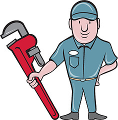 Image showing Plumber Standing Attention Wrench Cartoon