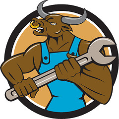 Image showing Mechanic Minotaur Bull Spanner Circle Cartoon