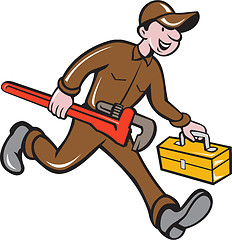 Image showing Plumber Carrying Monkey Wrench Toolbox Cartoon