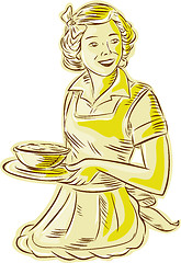 Image showing Homemaker Serving Bowl of Food Vintage Etching