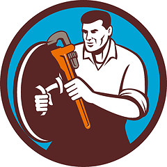 Image showing Plumber Brandishing Wrench Circle Retro