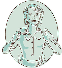 Image showing Housewife Drinking Cup of Coffee Etching