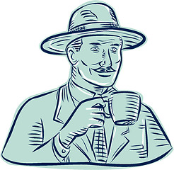 Image showing Man Fedora Hat Drinking Coffee Etching