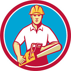 Image showing Tree Surgeon Holding Chainsaw Circle Retro