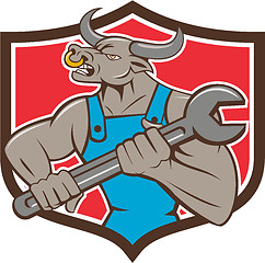 Image showing Mechanic Minotaur Bull Spanner Shield Cartoon