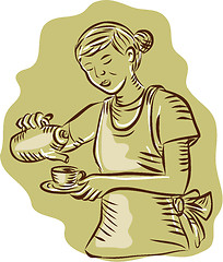 Image showing Waitress Pouring Tea Cup Vintage Etching