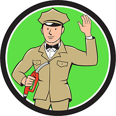 Image showing Gas Jockey Attendant Waving Circle Cartoon