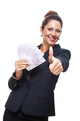 Image showing Happy Businesswoman Holding 500 Euro Banknotes