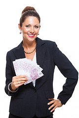 Image showing Happy Businesswoman Holding 500 Euro Banknotes