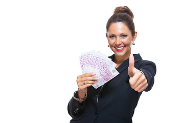 Image showing Happy Businesswoman Holding 500 Euro Banknotes