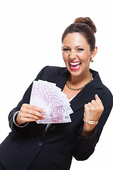 Image showing Happy Businesswoman Holding 500 Euro Banknotes