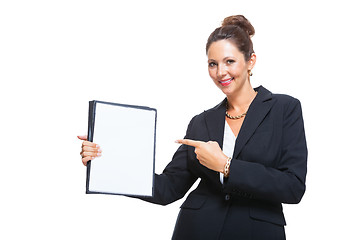 Image showing Businesswoman Showing a Document with Copy Space