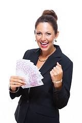 Image showing Happy Businesswoman Holding 500 Euro Banknotes
