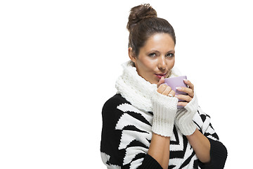 Image showing Cold woman in an elegant black and white outfit