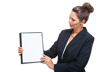 Image showing Businesswoman Showing a Document with Copy Space