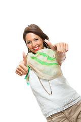 Image showing Stylish Woman in Showing Two Thumbs up Signs