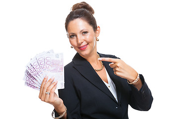 Image showing Happy Businesswoman Holding 500 Euro Banknotes