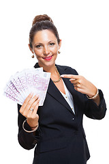 Image showing Happy Businesswoman Holding 500 Euro Banknotes