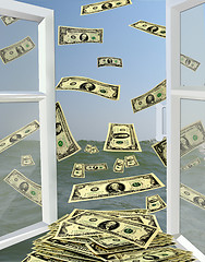 Image showing opened window to the sea with dollars