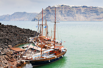 Image showing Santorini boats vulcano landscape