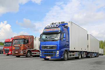 Image showing Volvo, Scania and DAF Trucks Parked at Truck Stop