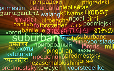 Image showing Suburban multilanguage wordcloud background concept glowing