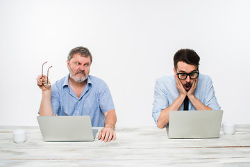 Image showing The two colleagues working together at office on white background