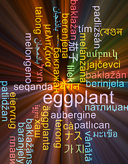 Image showing Eggplant multilanguage wordcloud background concept glowing