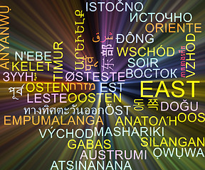 Image showing East multilanguage wordcloud background concept glowing