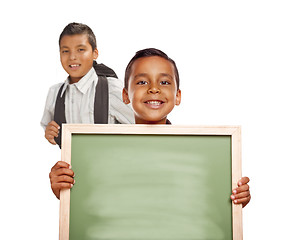 Image showing Hispanic Boys Holding Blank Chalk Board on White Background