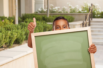 Image showing Boy with Thumbs Up Holding Blank Chalk Board on Campus