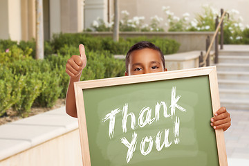 Image showing Boy Giving Thumbs Up Holding Thank You Chalk Board