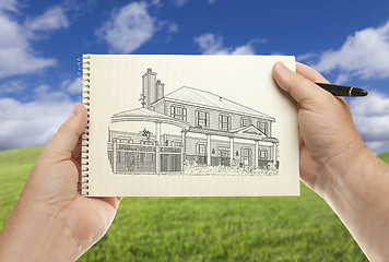 Image showing Hands Holding Paper With House Drawing Over Empty Grass Field