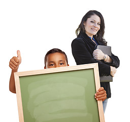 Image showing Boy with Thumbs Up, Blank Chalk Board and Teacher Behind