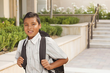 Image showing Happy Hispanic Boy with Backpack Walking on School Campus